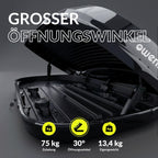 Dachbox Auto 320 L mit 75 kg Zuladung, aerodynamische Gepäckbox aus ABS, ASA und PC in Schwarz Glänzend mit Schnellspanner, beidseitiger Öffnung und
