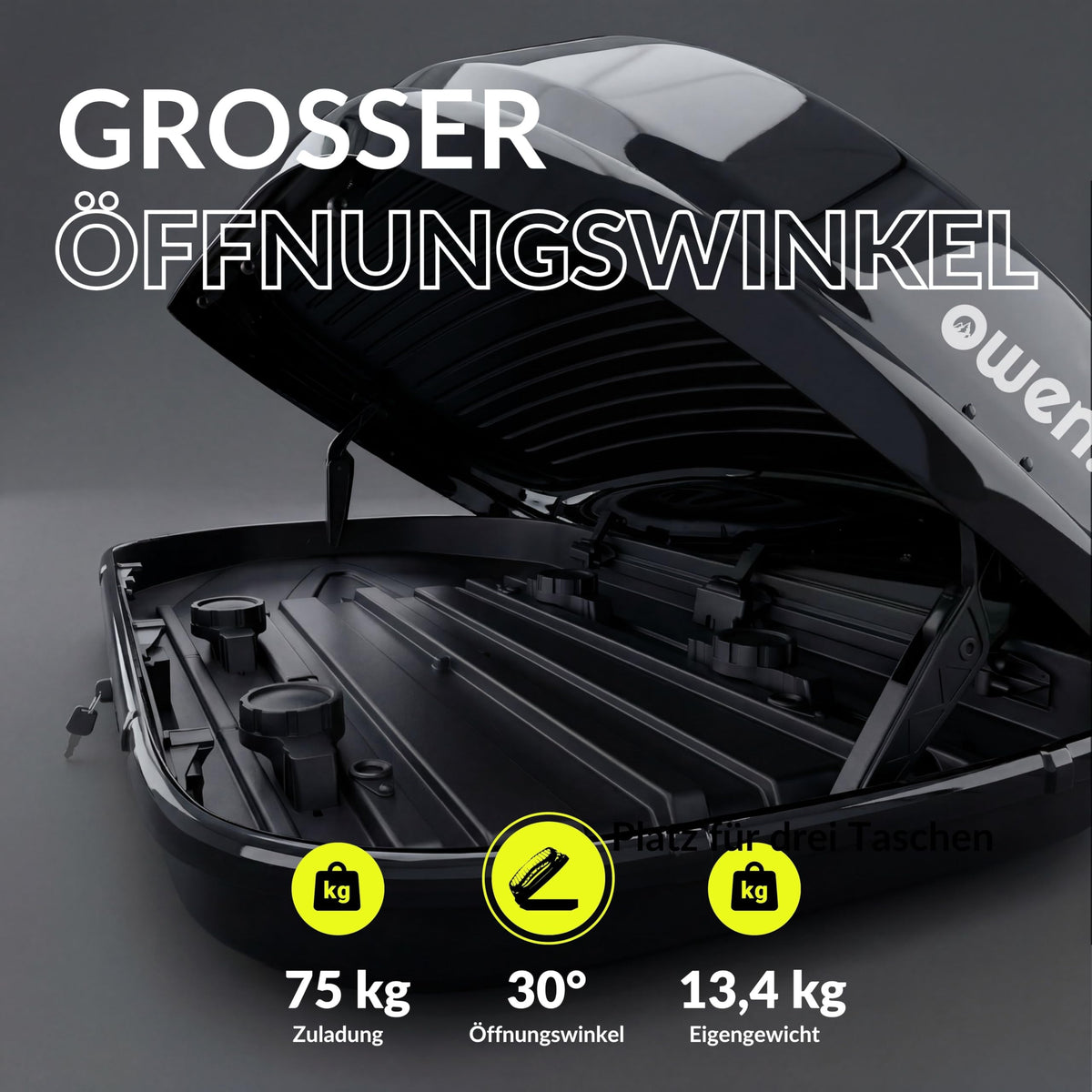Dachbox Auto 320 L mit 75 kg Zuladung, aerodynamische Gepäckbox aus ABS, ASA und PC in Schwarz Glänzend mit Schnellspanner, beidseitiger Öffnung und
