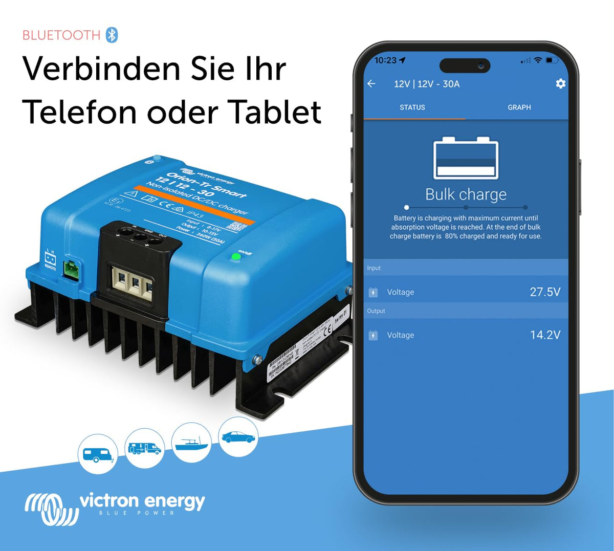 DC-DC Ladebooster Orion-Tr Smart 12/12V 30A nicht isoliert mit Bluetooth für Blei- und Lithiumbatterien
