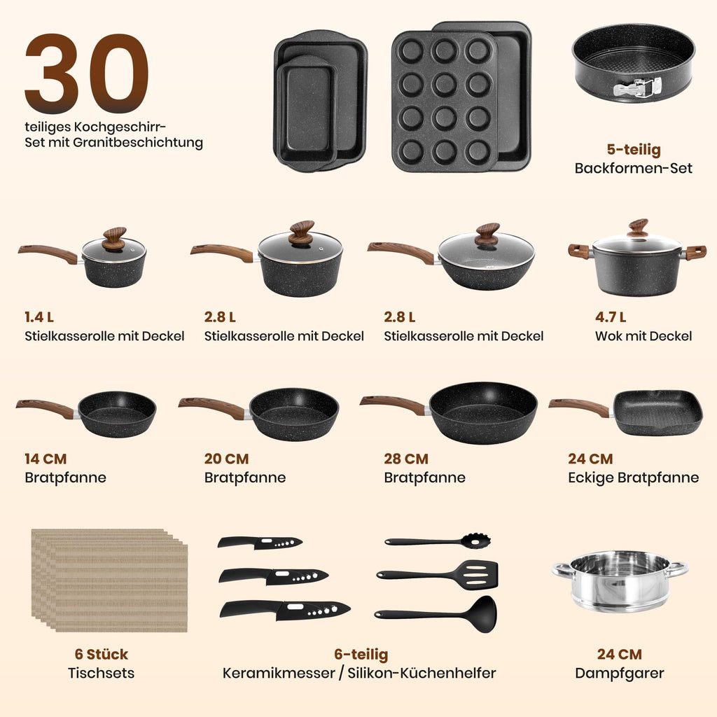 30-teiliges Topfset mit Granit-Antihaftbeschichtung, induktionsgeeignet, inklusive Pfannen, Töpfen, Backformen und Küchenhelfern