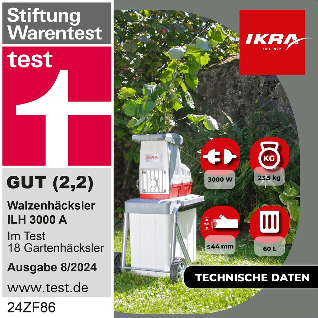 Elektro-Gartenhäcksler ILH 3000A mit 3000 Watt, Walzensystem für Äste bis 44 mm, 60-Liter-Fangbox sowie Gartenschere und Schutzbrille
