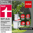 Elektro-Gartenhäcksler ILH 3000A mit 3000 Watt, Walzensystem für Äste bis 44 mm, 60-Liter-Fangbox sowie Gartenschere und Schutzbrille