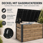 Gartenbox 870 L aus Kunststoff in Holzoptik Pinie, 147 x 83 x 86 cm, mit Gasdruckfedern und abschließbarem Deckel