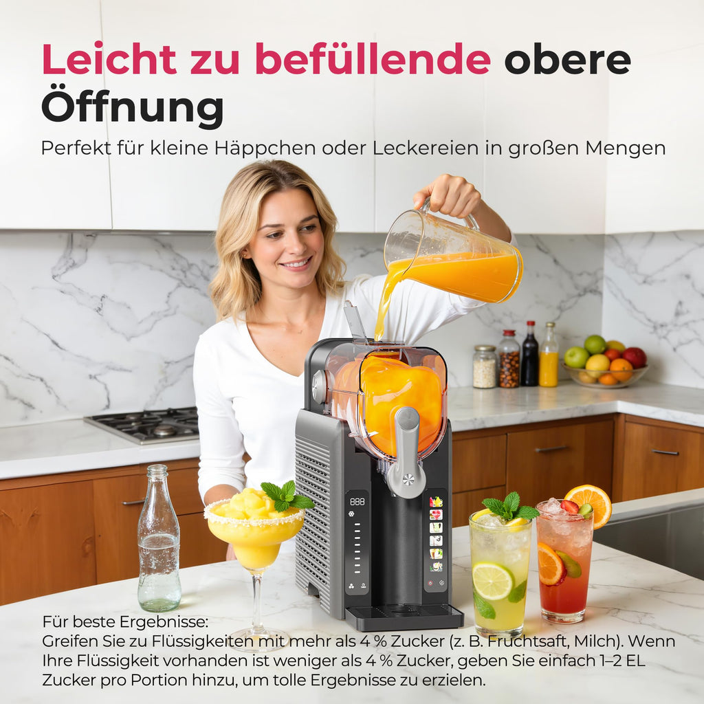 Slush-Eismaschine mit 6 Modi und 8 Stufen, 2,6 L für Slush, Eiscreme, Frappé und Milchshake, selbstreinigend