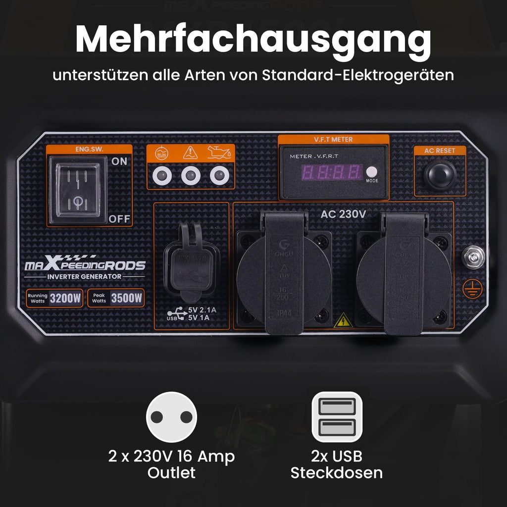 Inverter Stromgenerator 3500W Benzin 4 Takt 223cc tragbar mit 3200W Dauerleistung, 230V und Überlastschutz