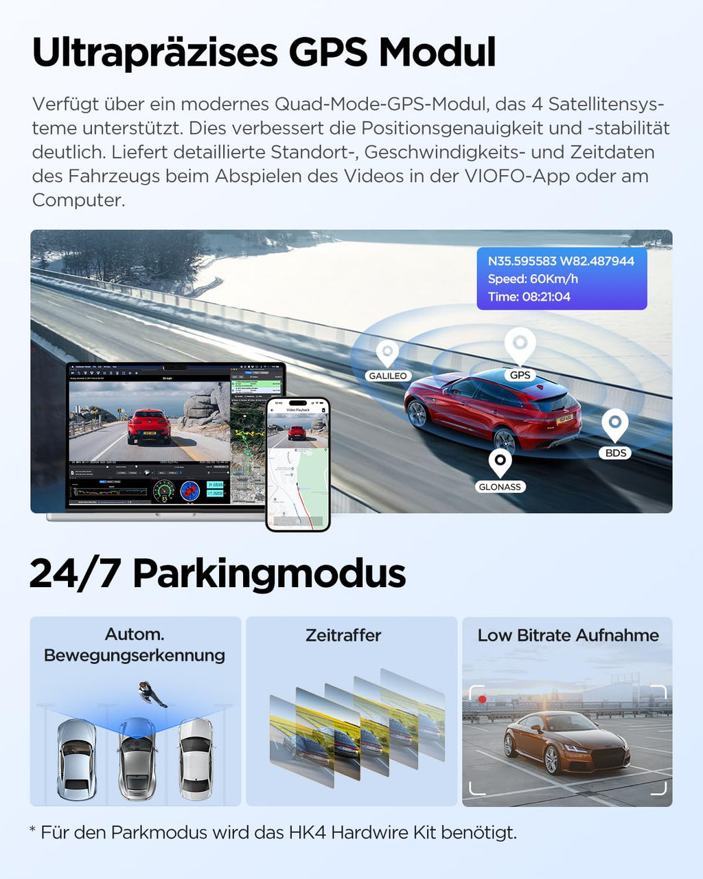 Dashcam A229 Plus 2CH Dual 2K HDR STARVIS 2 5 GHz WLAN GPS Sprachsteuerung 140° Sichtfeld