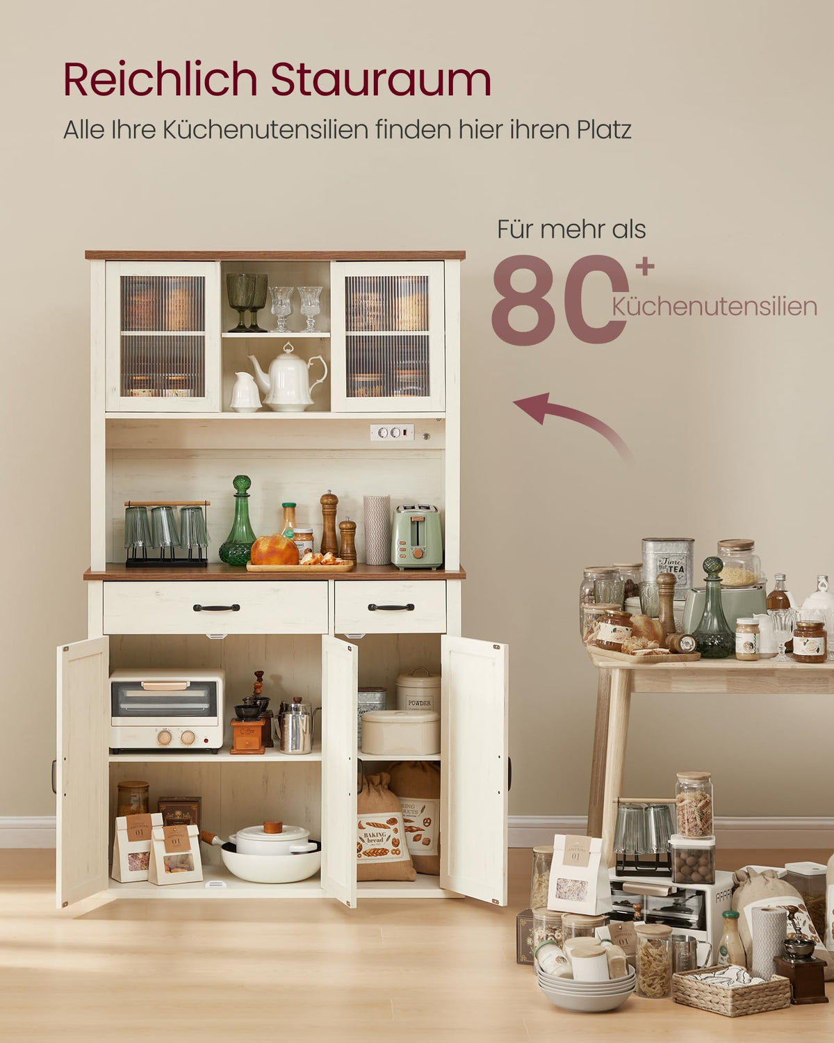 Sideboard mit Beleuchtung und Ladestation, Küchenschrank mit 6 offenen Fächern, 2 Schubladen und Schiebetüren, 106,5 cm breit