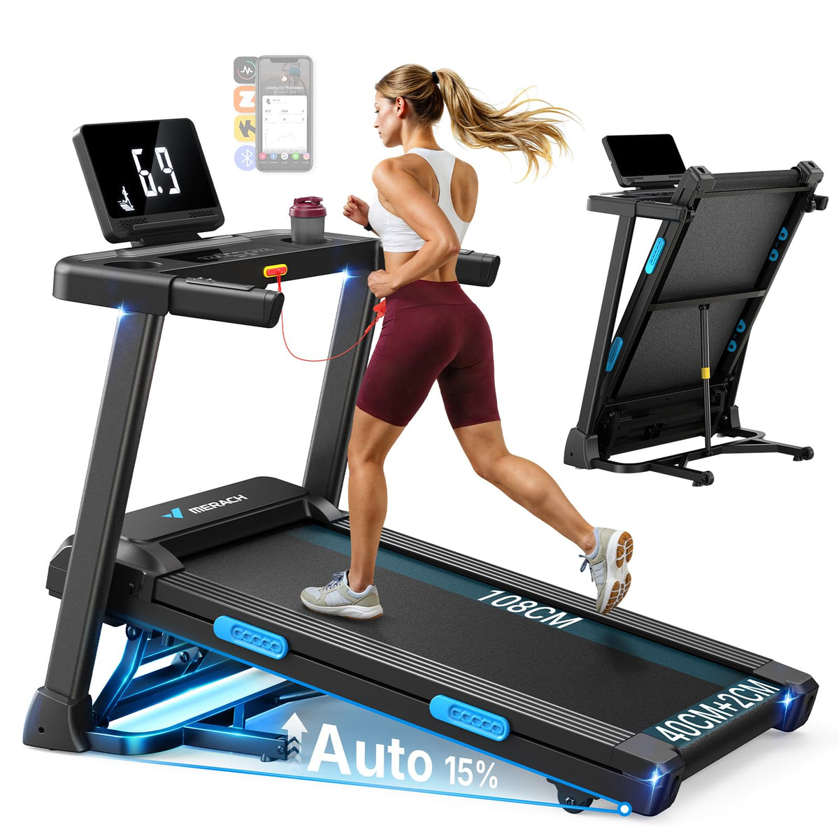 Laufband für Zuhause mit 15% automatischer Steigung, 2,5 PS Motor und 108x42 cm Lauffläche, klappbar