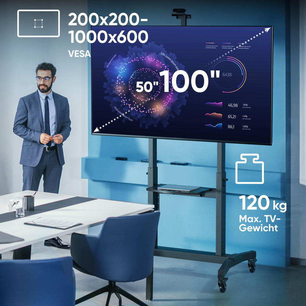 Rollbarer TV-Ständer TS1991-B für 50–100 Zoll bis 120 kg VESA 200x200–1000x600 höhenverstellbar neigbar mit AV- und Webcam-Ablage