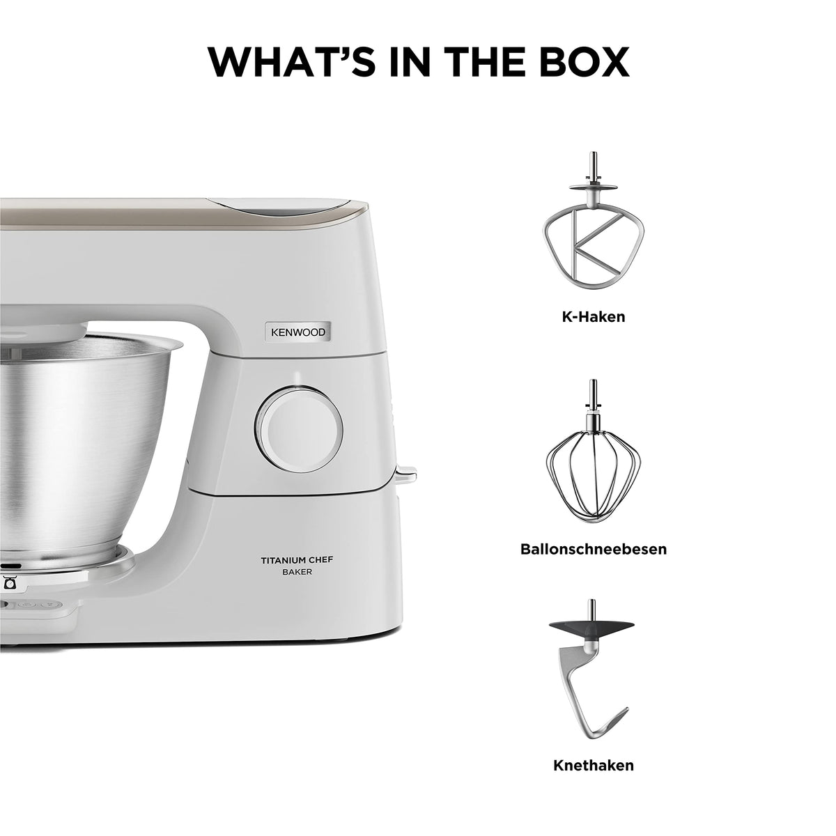 Küchenmaschine mit Waage und 5 l Edelstahlschüssel, 1200 W, inkl. 3-teiligem Patisserie-Set, Weiß