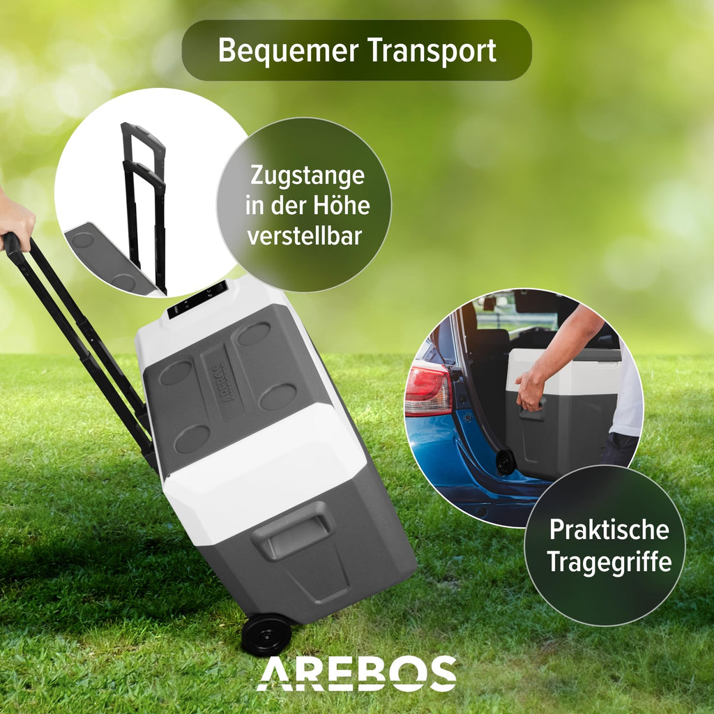 Kompressor-Kühlbox 47 Liter mit Rollen Teleskopstange App-Steuerung LCD-Touchscreen 12/24 V und 230 V Kühl- und Warmfunktion