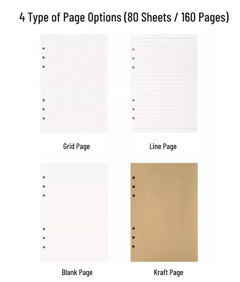 A6/A5 6-Ring-Ordner Notizbuch mit Stoffhülle, 160 Seiten, Blanko/Kraft/Liniert/Gitter, Planer Journal