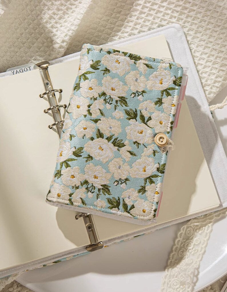 A6/A5 White Camellia Planer 6-Ring Ordner Notizbuch, Nachfüllbar, Handgemacht, 80 Blatt, Blanko/Gitter/Linie/Kraft