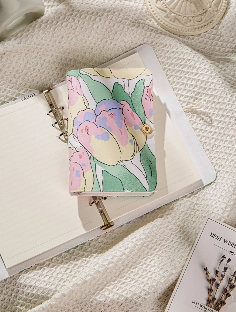 A6 A5 Tulip Floral Planer Journal mit 6-Ring-Ordner, nachfüllbar, 80 Kraftpapier-Blätter, handgefertigt