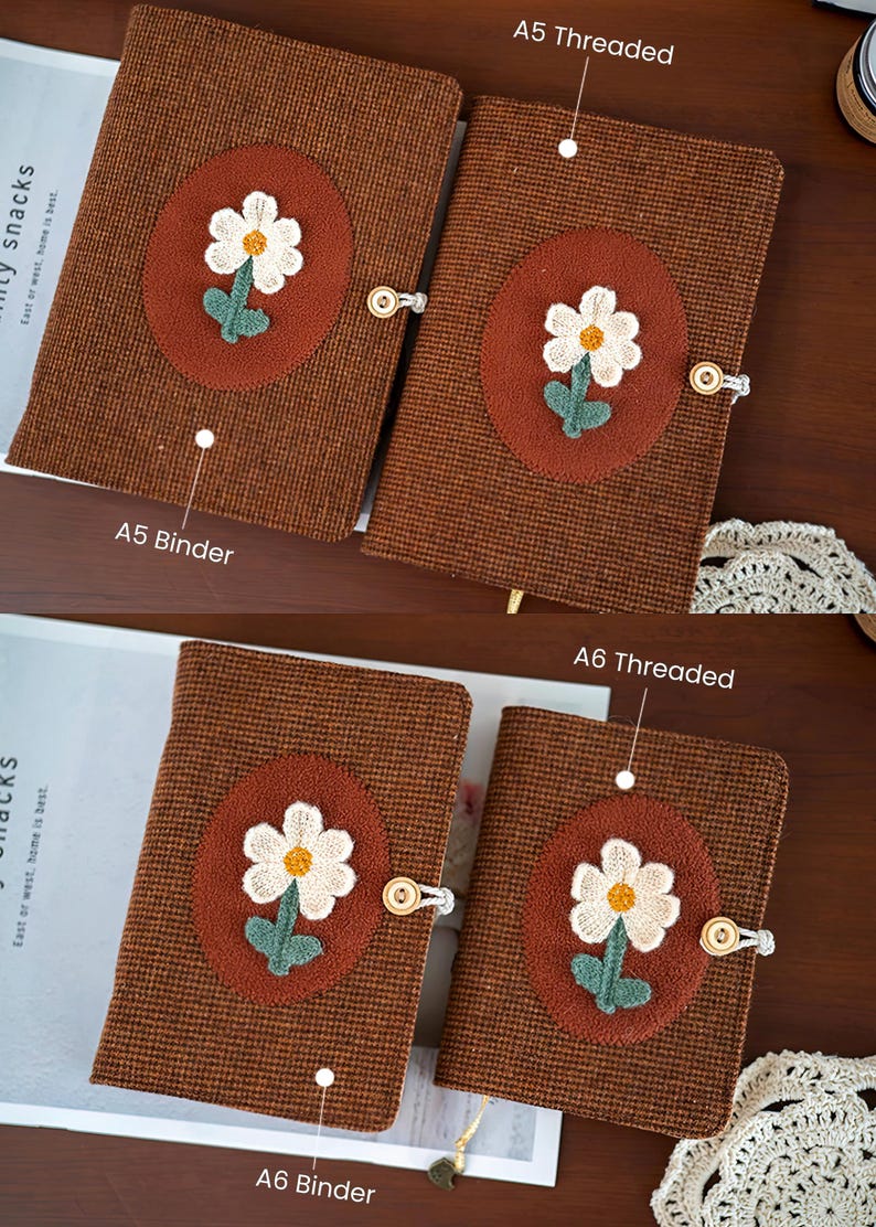 A5 A6 Loseblatt Notizbuch mit Stoffbezug, handgefertigtes Woll-Notizbuch, Hardcover Journal mit besticktem Blumenmuster, 120 Seiten