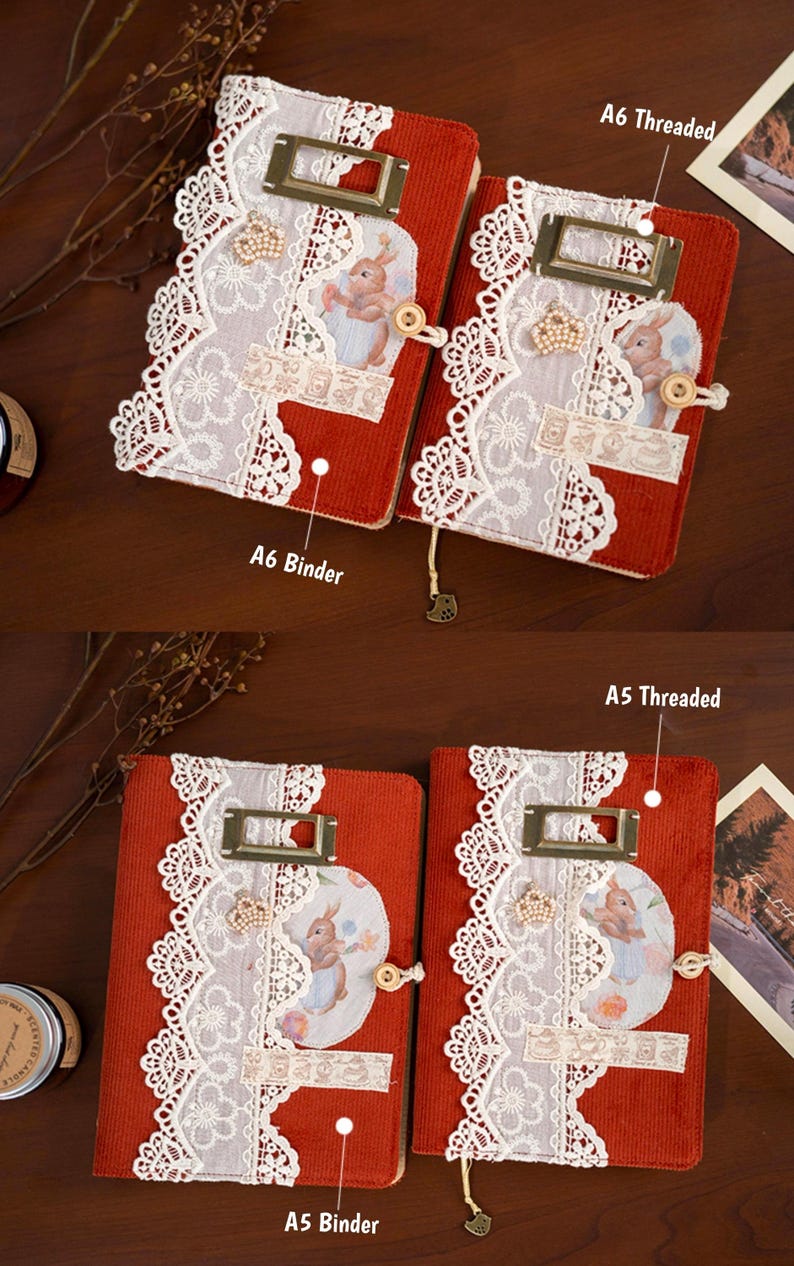 Lace Bunny Besticktes Journal: Handgemachtes Stoff-Notizbuch, A5 A6