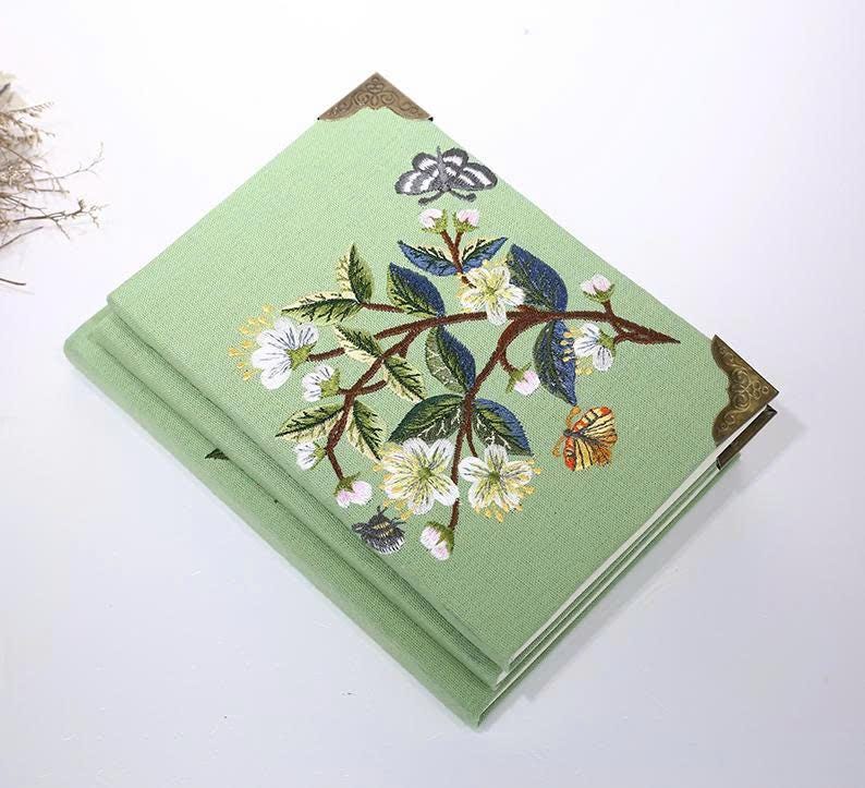 Besticktes Leinen Notizbuch A5 - 180 Seiten, Blumenmuster