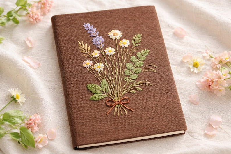 Handbesticktes Blumen Notizbuch A5 A6 Leinen Stoff Hardcover Journal