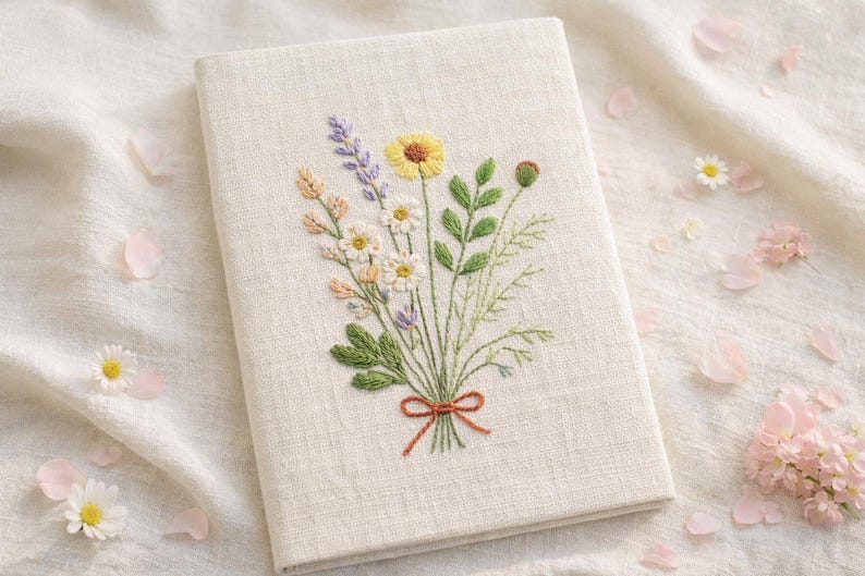 Handbesticktes Blumen Notizbuch A5 A6 Leinen Stoff Hardcover Journal