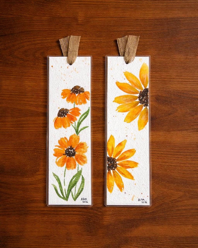 Aquarell Lesezeichen Set, handgemalt, 2 Stück, 6x18 cm, 350g Papier, laminiert, mit Juteband, für Buchliebhaber