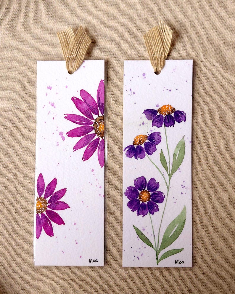 Aquarell Lesezeichen Set, handgemalt, 2 Stück, 6x18 cm, 350g Papier, laminiert, mit Juteband, für Buchliebhaber