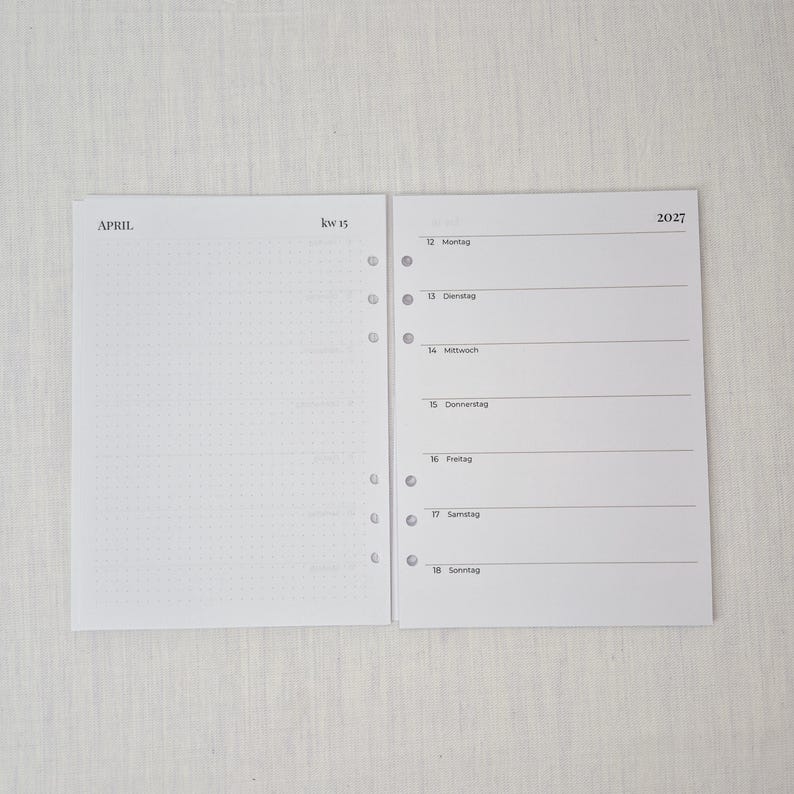 A5 Wochenplaner Nachfüllungen, Eine Woche auf 2 Seiten, Kalendereinlagen für Ringbuch, mit Notizseiten, 90g Papier