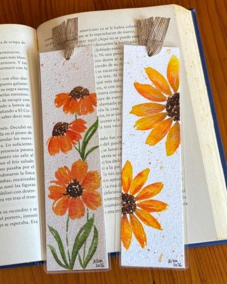 Aquarell Lesezeichen Set, handgemalt, 2 Stück, 6x18 cm, 350g Papier, laminiert, mit Juteband, für Buchliebhaber