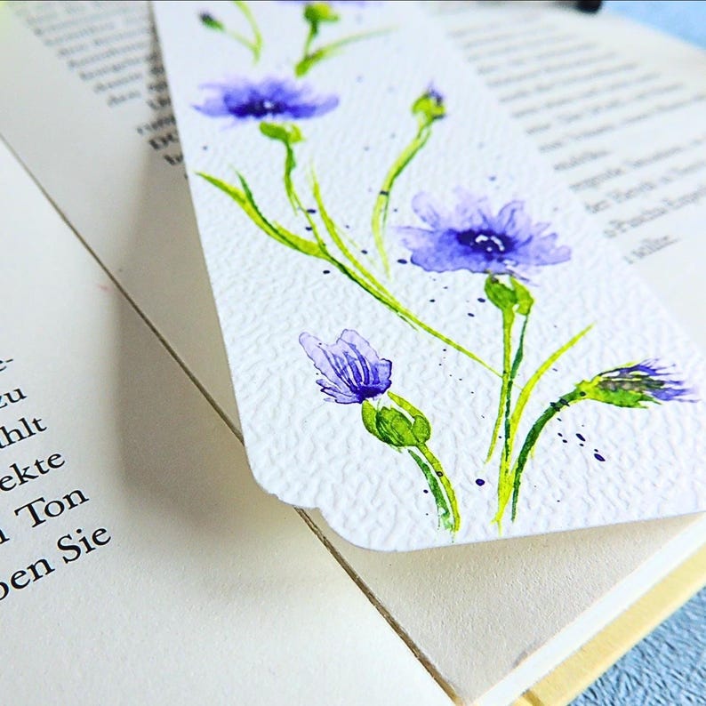 Aquarell Lesezeichen mit blauen Kornblumen, handgemalt, Unikat, 17x5,5 cm, mit Quaste