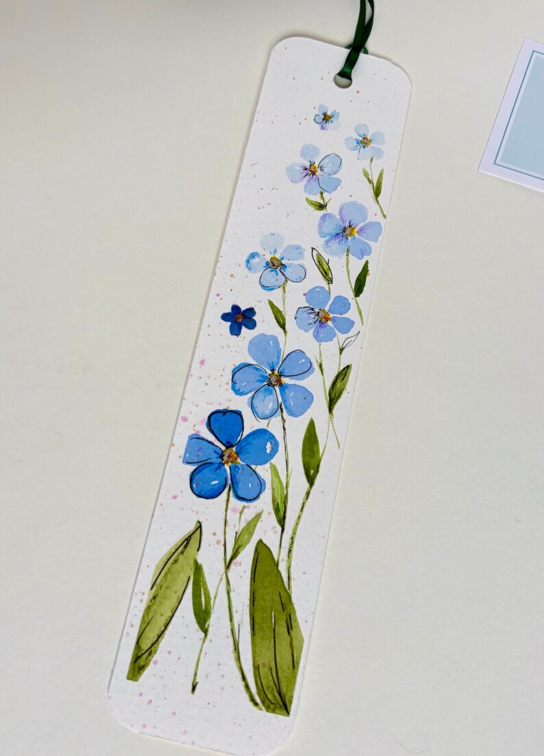 Aquarell Blumen Lesezeichen mit echter gepresster Vergissmeinnicht, handgefertigt, botanisch, 300g Papier