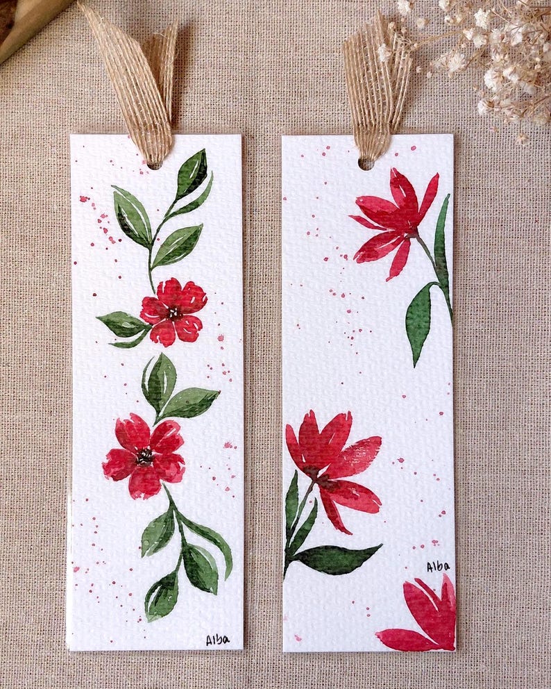 Aquarell Lesezeichen Set, handgemalt, 2 Stück, 6x18 cm, 350g Papier, laminiert, mit Juteband, für Buchliebhaber