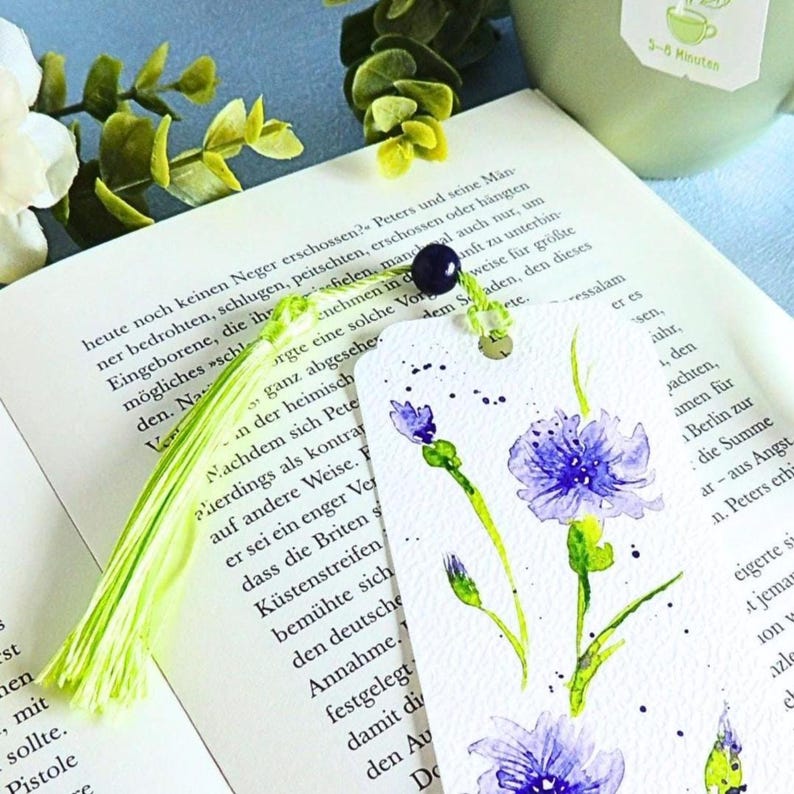 Aquarell Lesezeichen mit blauen Kornblumen, handgemalt, Unikat, 17x5,5 cm, mit Quaste