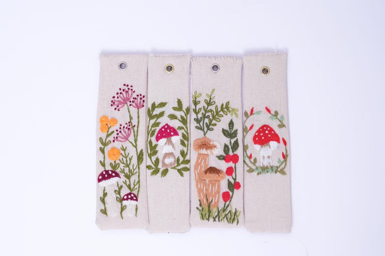 Handbesticktes Lesezeichen, Pilz-Lesezeichen, Leinen-Lesezeichen, Gänseblümchen, 15x5cm