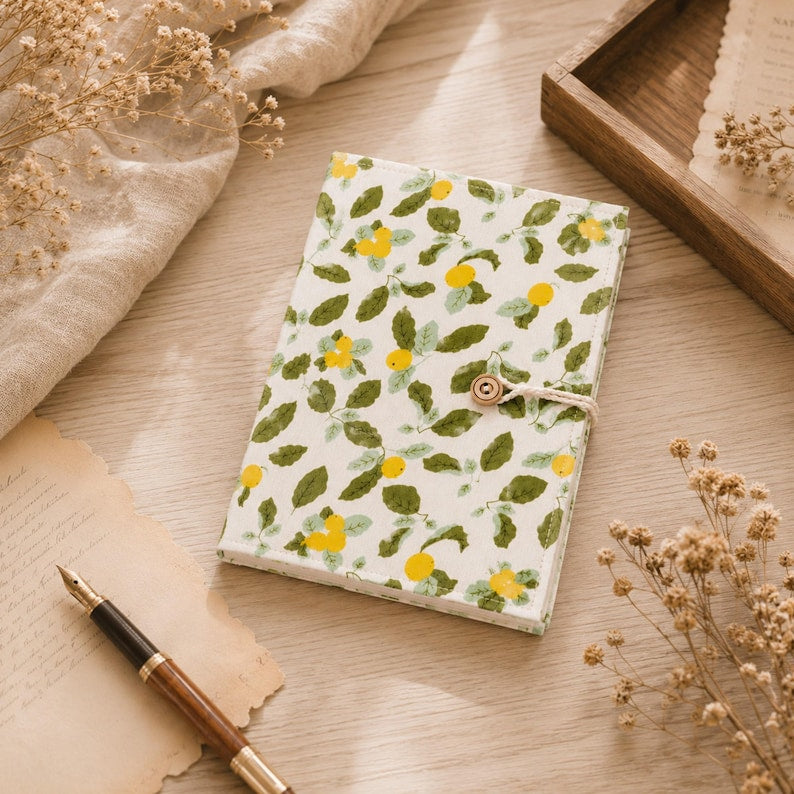 Refillable Notebook A5/A6 with Lemon Floral Fabric Cover, Removable Binder, Lined/Blank/Grid Paper