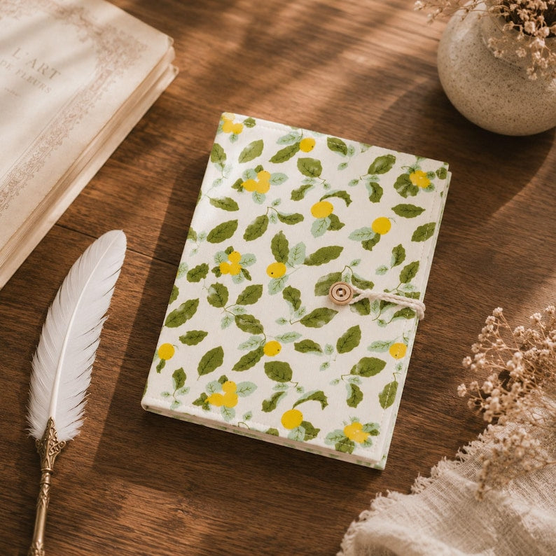 Refillable Notebook A5/A6 with Lemon Floral Fabric Cover, Removable Binder, Lined/Blank/Grid Paper