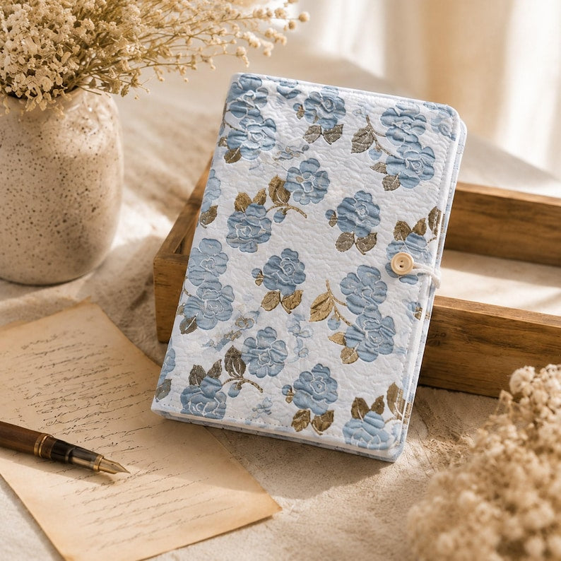 Blaues Blumenmuster Notizbuch mit nachfüllbarem Bindersystem (A5/A6)