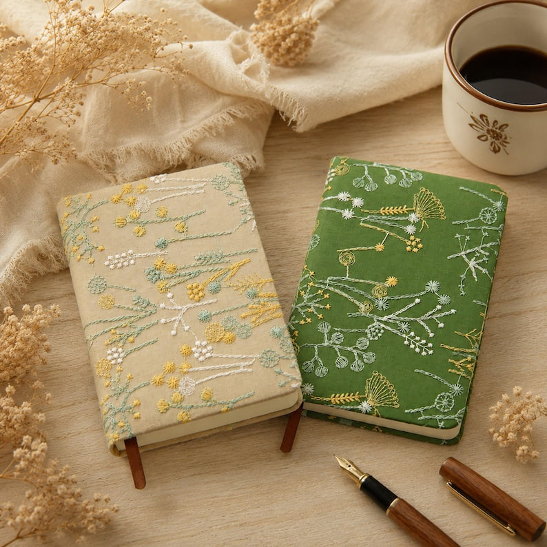 Besticktes Stoffnotizbuch A6, botanisches Blumen-Tagebuch, liniertes und leeres Papier, Grün/Aprikose