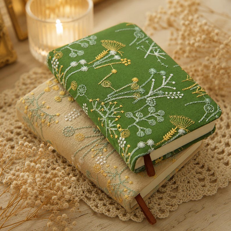 Besticktes Stoffnotizbuch A6, botanisches Blumen-Tagebuch, liniertes und leeres Papier, Grün/Aprikose